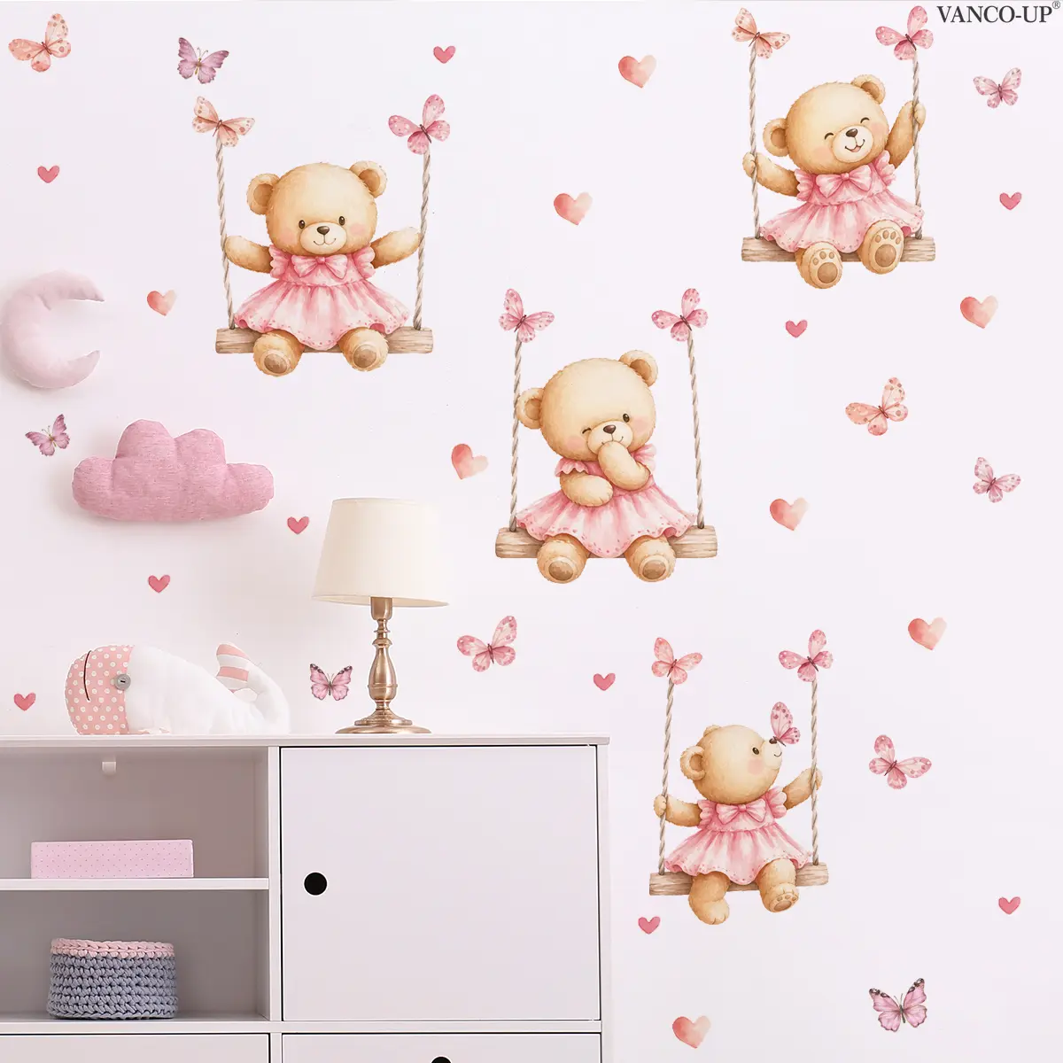 2Pcs Set (30*60cm) Cute Pink Teddy Bear Swing Self-adhesive Wall Stickers Wall Decal with Butterflies & Hearts, Decor for Girls & Kids Room, Wall Decals Peel and Stick