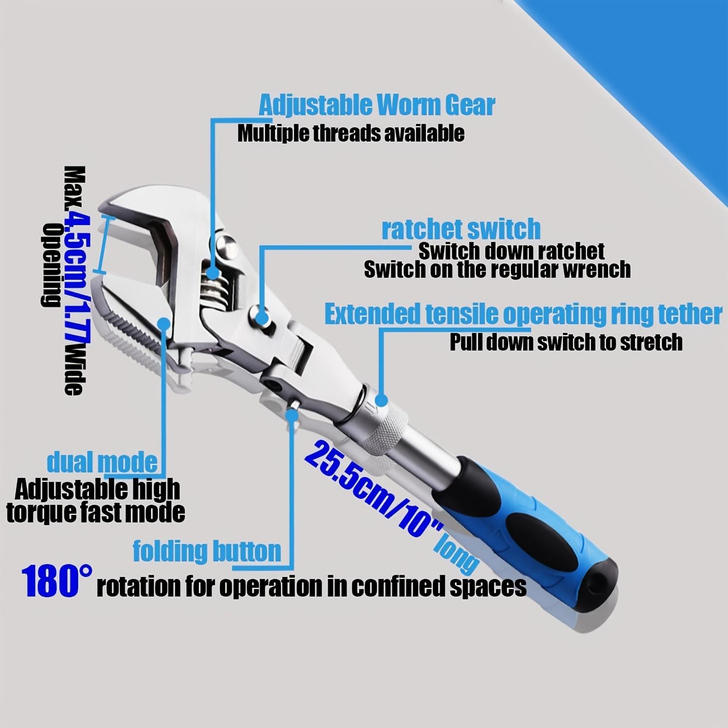 Flexhead Adjustable Wrench 10Inch to 12 Inch Ratcheting Crescent Wide Jaw Wrench Retractable Extension Shank And 180 Degree Rotating Head for Home Garage Workshop