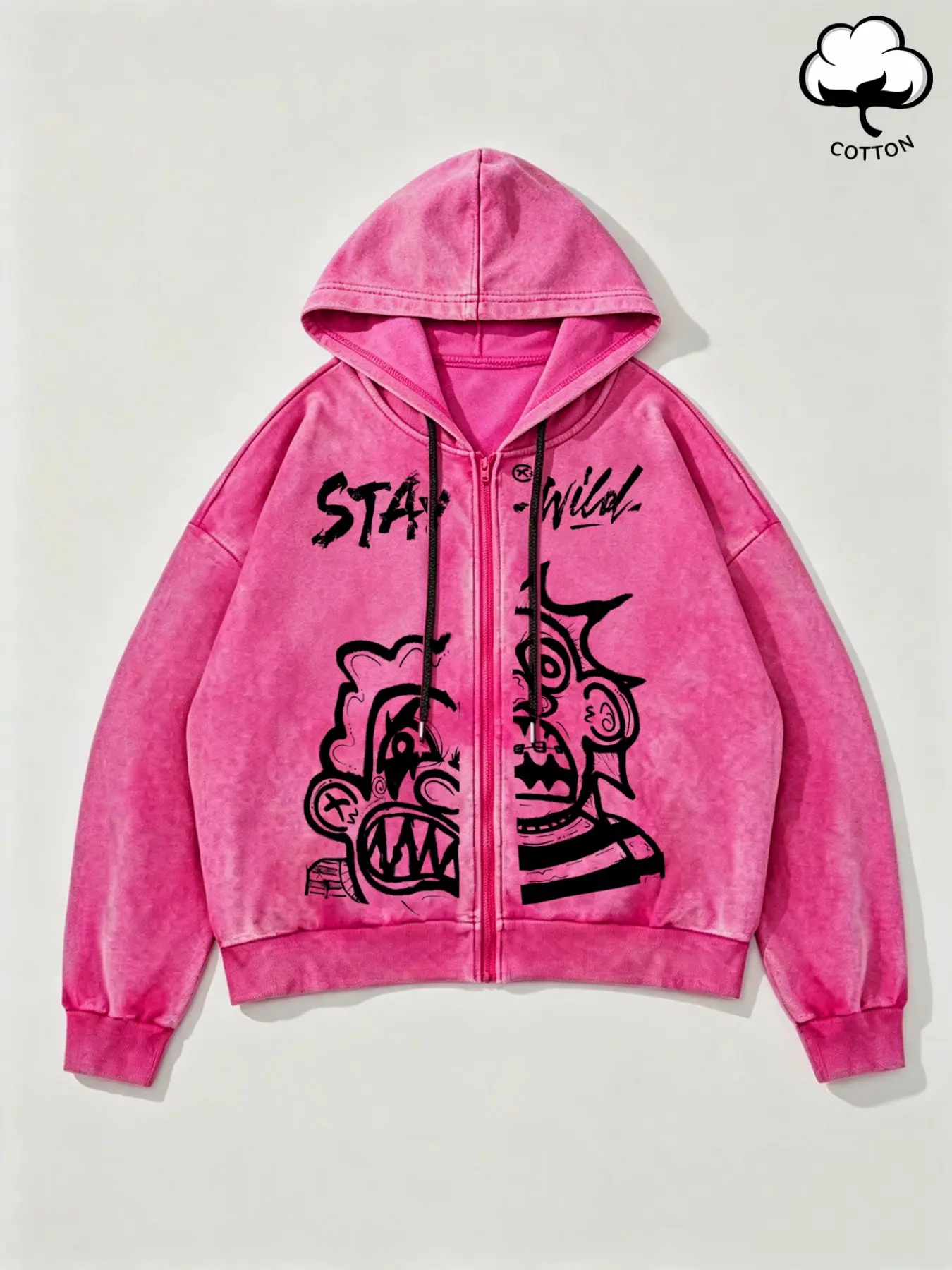 Vintage Washed Zip Up Hoodie, Graffiti Monster Print Oversized Streetwear Jacket, Loose Fit For Men Skate Park Hip Hop Daily Party Outfits