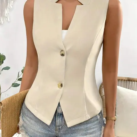 Women's Solid Color Front Button Jacket Vest, Fashion Vest, Sleeveless, Fitted, Slim Fit Vest, Elegant Blazer Style, Perfect for Office & Casual Wear, Stylish Outerwear for Women, Womenswear