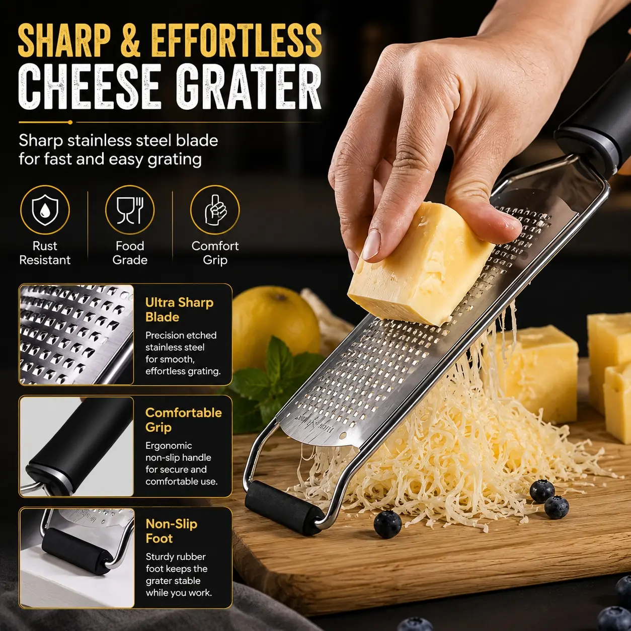 Sharp Cheese Grater, Stainless Steel Handheld Grater with Non-Slip Handle and Stable Rubber Foot, Fine Shredder Tool for Cheese, Lemon Zest, Garlic, Ginger, Chocolate, Parmesan, Vegetables, Baking and Daily Cooking