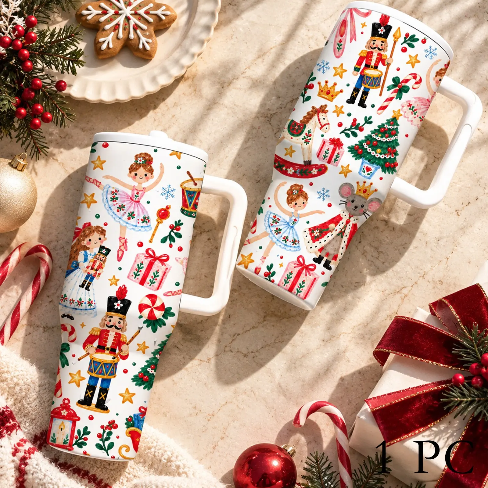 1PC 40oz Nutcracker Christmas Tumbler with Handle, Ballerina Holiday Insulated Stainless Steel Travel Cup, Double Wall Large Capacity Coffee Water Mug, Cup Holder Friendly, Festive Christmas Gift, Double Walled Tumbler