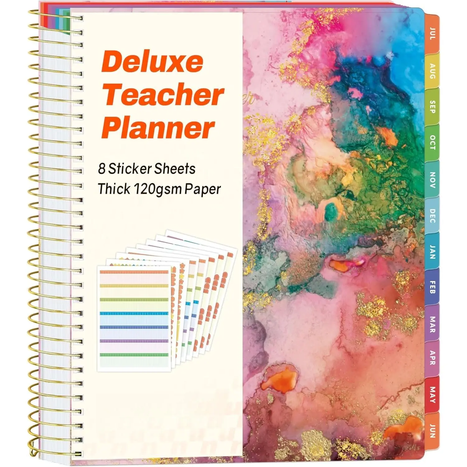 Deluxe Teacher Planner 2026-2027, Lesson Planner Book with 7 Periods Jul 2026 - Jun 2027, 8.5" x 11" Weekly and Monthly Organizers with Colorful Tabs, Planning Stickers,120gms Paper,  Marble