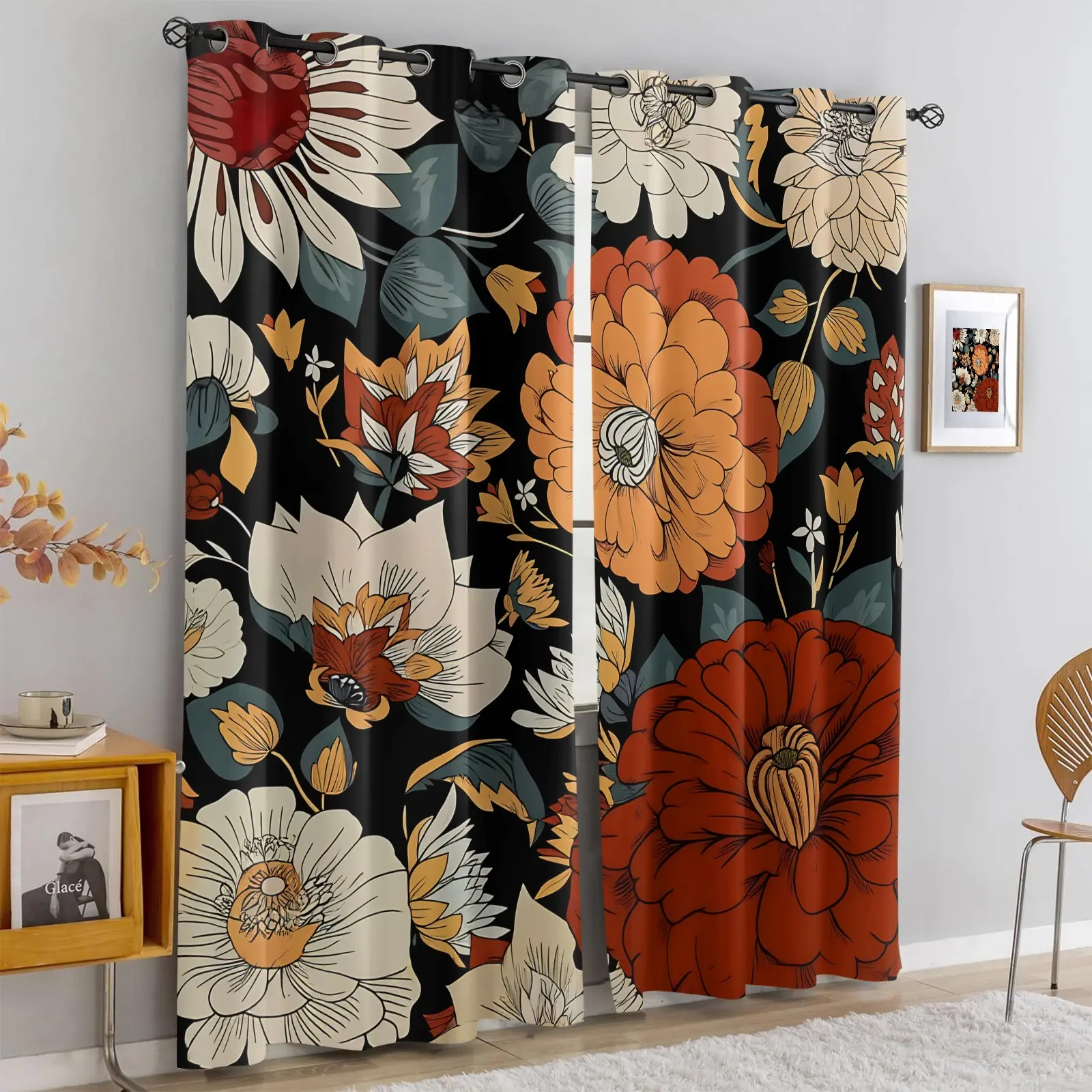 2 Panels Black Retro Autumn Floral Blackout Curtains, Home Decoration Curtain, Vintage Boho Fall Flower Art Print Grommet Window Drapes, Machine Washable Light Blocking Curtains for Immersive Sleep, Bedroom Living Room Farmhouse Decor