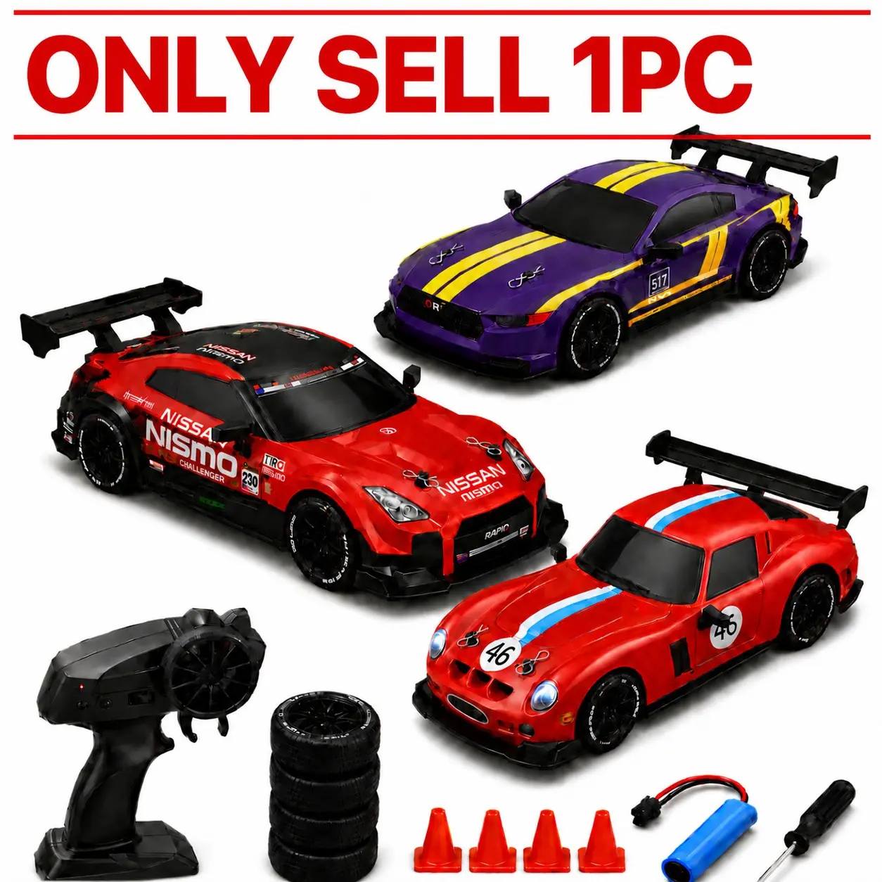 1:24 LED Light Remote Control Drift Car, 2.4GHz High-Speed RC Racing Toy, Includes Roadblocks and Spare Tire, Perfect Gift for Kids Aged 8+, RC Cars