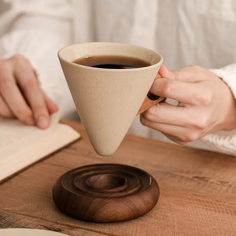 1 Set Ceramic Coffee Mug, Funnel Shaped with Handle & Spiral Base, Large Capacity Mug for Tea, Coffee & Milk, Vintage Stoneware Cup, Ideal for Cafe, Restaurant & Home Use