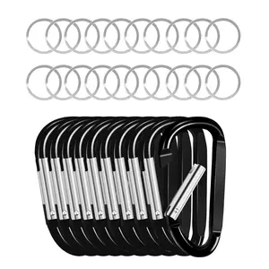 VEVOR 10 PCS Black Carabiner, Caribeaner Clip, Spring Snap Hook for Keychain Clip, 3.07" Aluminum Alloy D Ring Shape Carabeaner with 20 PCS Keyring, Multipurpose for Camping, Hiking, Backpacking