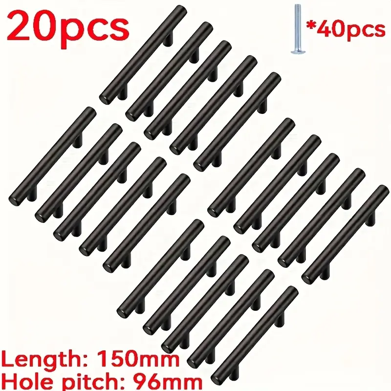 20 Black Stainless Steel Cabinet Handles - 15.24cm T-Handle Drawer Pulls, Suitable for Living Room, Kitchen and Bathroom Furniture, Eas to Install, Compact T-Handle for Bedroom Kitchen Cabinets, with 40 Screws
