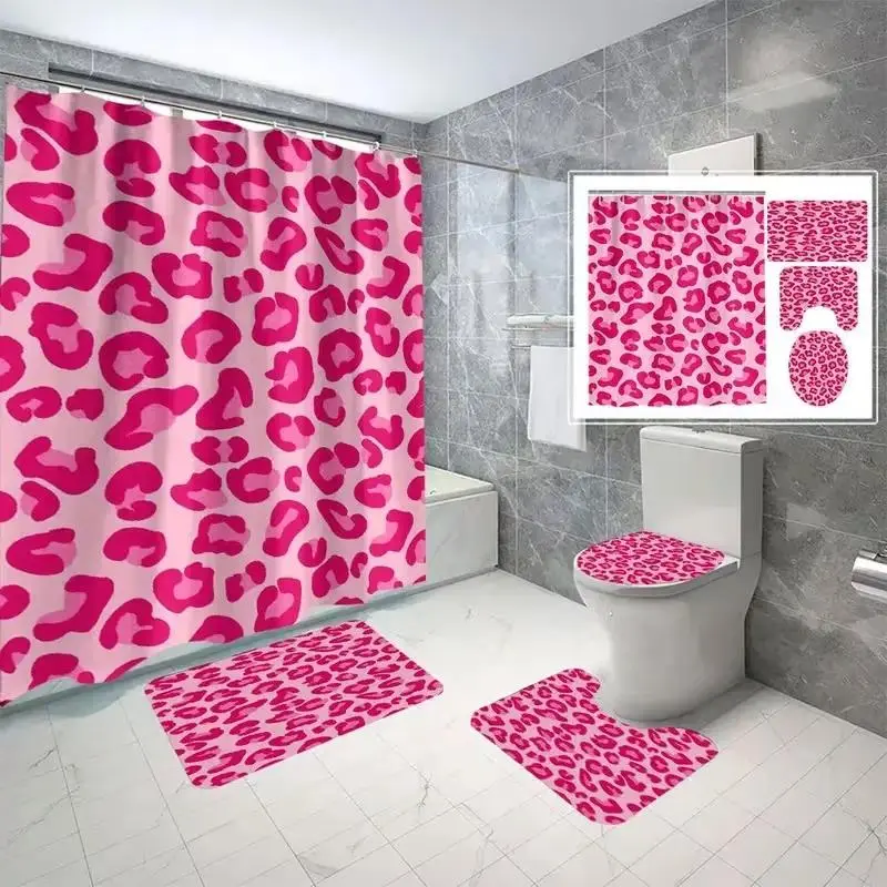 Valentine's Day Pink Leopard Print Bathroom Shower Curtain Sets (1-4 Pieces) - Pretty, Waterproof Polyester, W/ Non-Slip Mat, U-Shaped Rug, Toilet Seat Cover, 12 Hooks - Home Bathroom Supplies