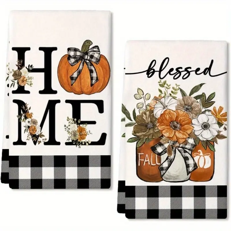 Set of 2 Autumn Kitchen Towels (16 x 24 inches) for Fall Decor - Featuring Black Buffalo Plaid Pumpkins and Vases; Farmhouse-Style Thanksgiving Harvest & Vintage-Inspired Kitchen Linens, Dish Towels for Kitchen