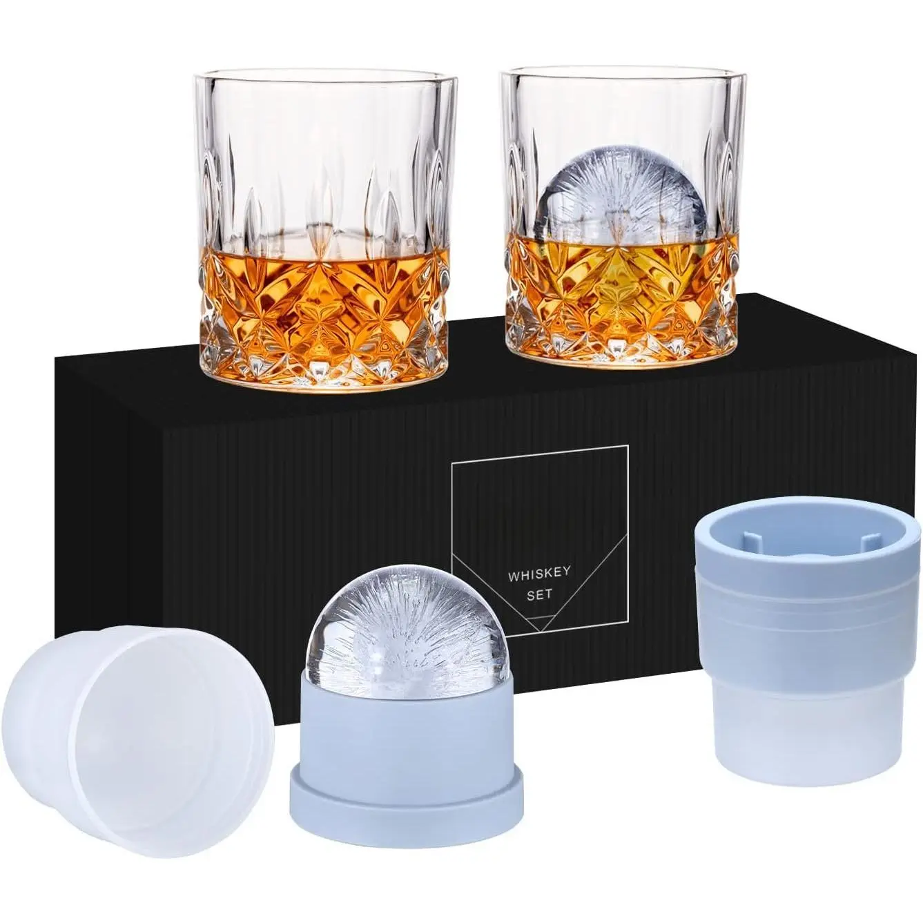 Rocks Glass, Set of 4 (2   Glasses, 2 Round Big Ice Ball Molds) In  Box - 10 Oz Old Fashioned Glasses for   Rum Cognac  ,  Gifts for Men