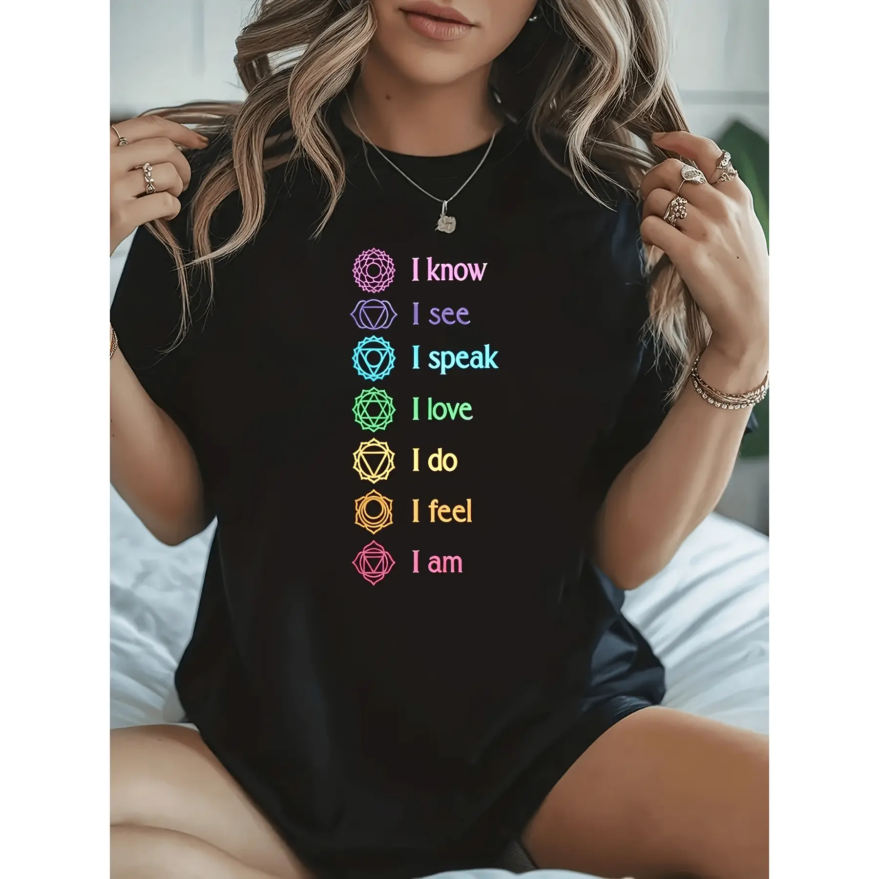 Women's Seven Chakras T Shirt with 7 Chakra Symbols and Affirmations Crew Neck Top Suitable for Meditation Spiritual Practice Casual Wear and Special Occasions Machine Washabl