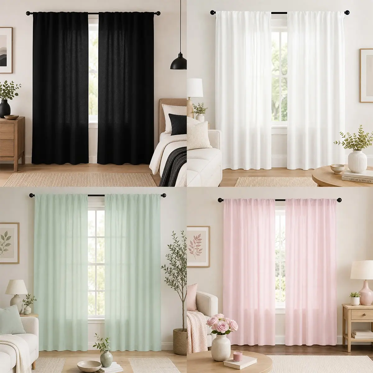 Two-pack of solid-color printed curtains in black, white, light green, and pink. Single-sided print, semi-blackout, rod pocket design. Suitable for bedrooms, kitchens, and living rooms. Multiple sizes available (curtain rod not included).