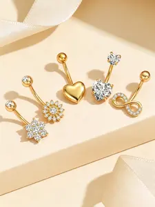 Elegant Rhinestone Belly Button Rings Set, Stainless Steel Heart Sun Design, Daily Wear Jewelry, Floral Pattern, Party Style, Navel Rings Set