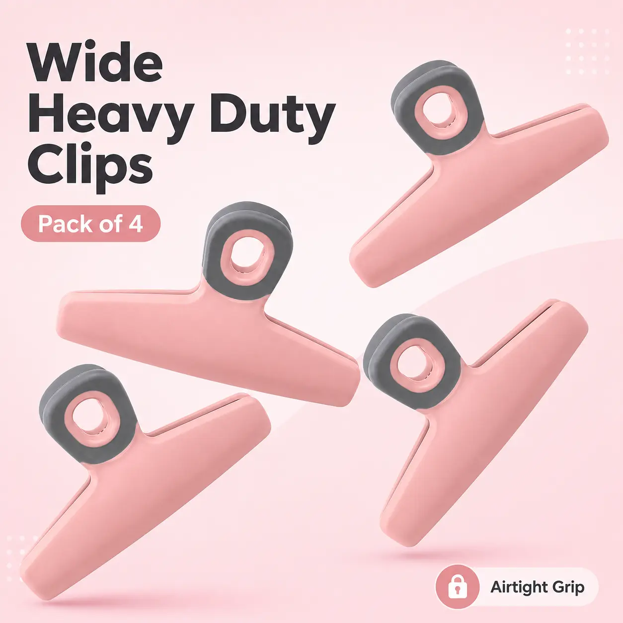 Wide Heavy Duty Chip Clips, Large Pink Bag Clips, Pack of 4 with Airtight Seal Grip for Pantry Food Storage and Open Snack Bags