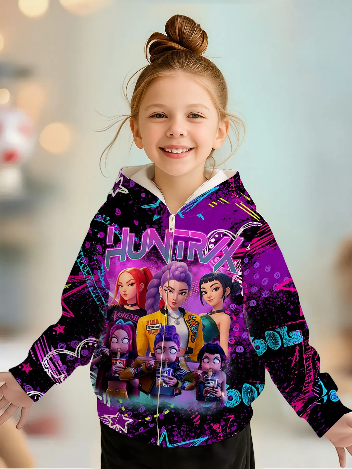 Girls' Spring Fall Zipper Hoodie Jacket, Base Graffiti Print, Long Sleeve Casual Sweatshirt, Perfect for Christmas Gifts