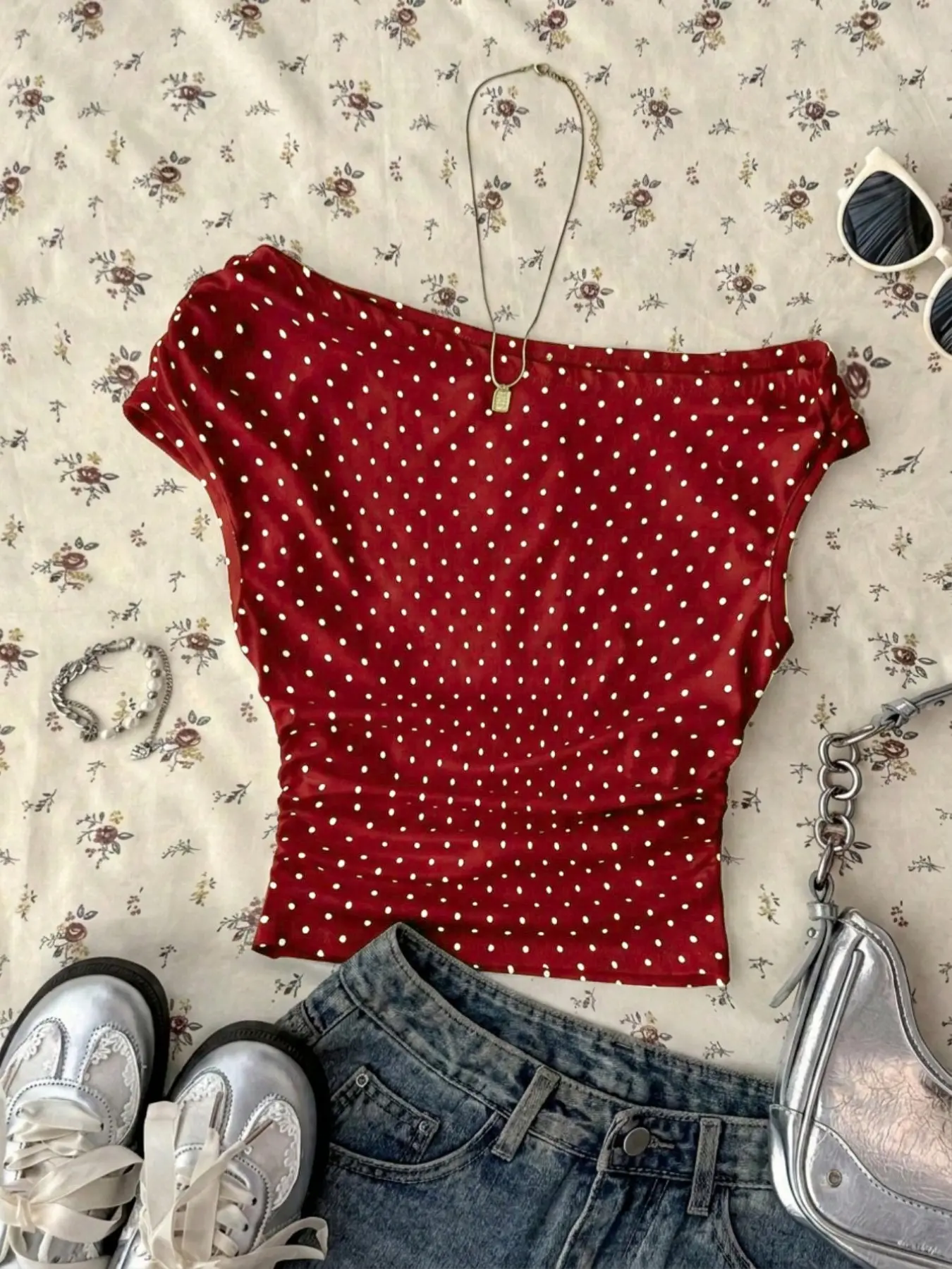 Summer Chic Casual Elegant Sleeveless Outerwear Top, Solid Polka Dot One-Shoulder Crop Tank, Casual Cropped Top, Side Ruched Waist Elastic Slim Fit Sleeveless Vest for Women
