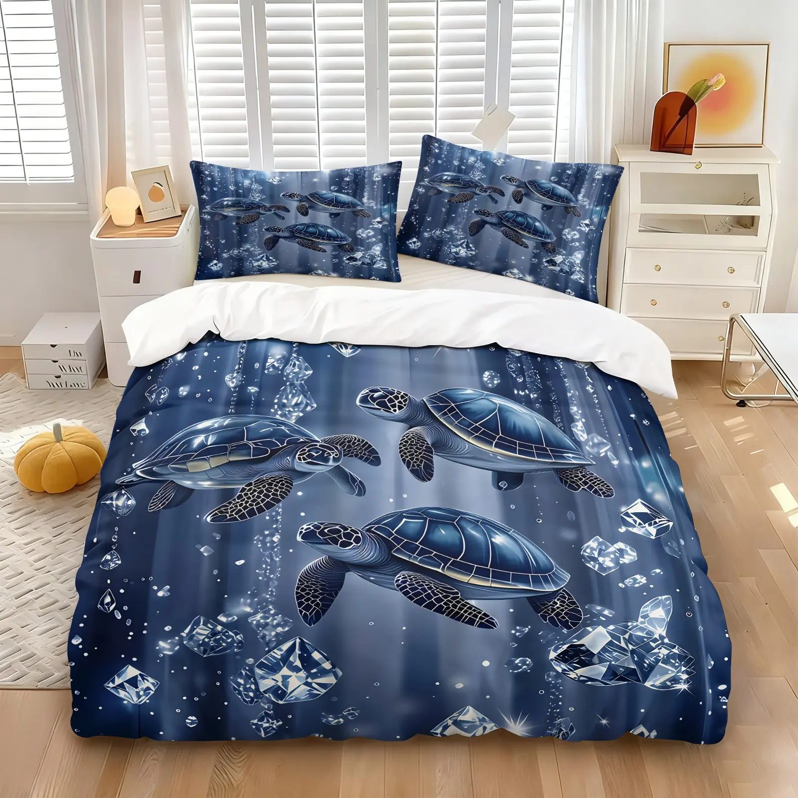 All Season Cool Deep Blue Sea Turtle Duvet Cover Set, Decorative Duvet Cover, Realistic Marine Turtles, Sparkling Crystal & Bubble Graphic, Colorfast Skin Friendly Fabric With Hidden Zipper, Bedroom Decor, Includes 1 or 2 Pillowcases