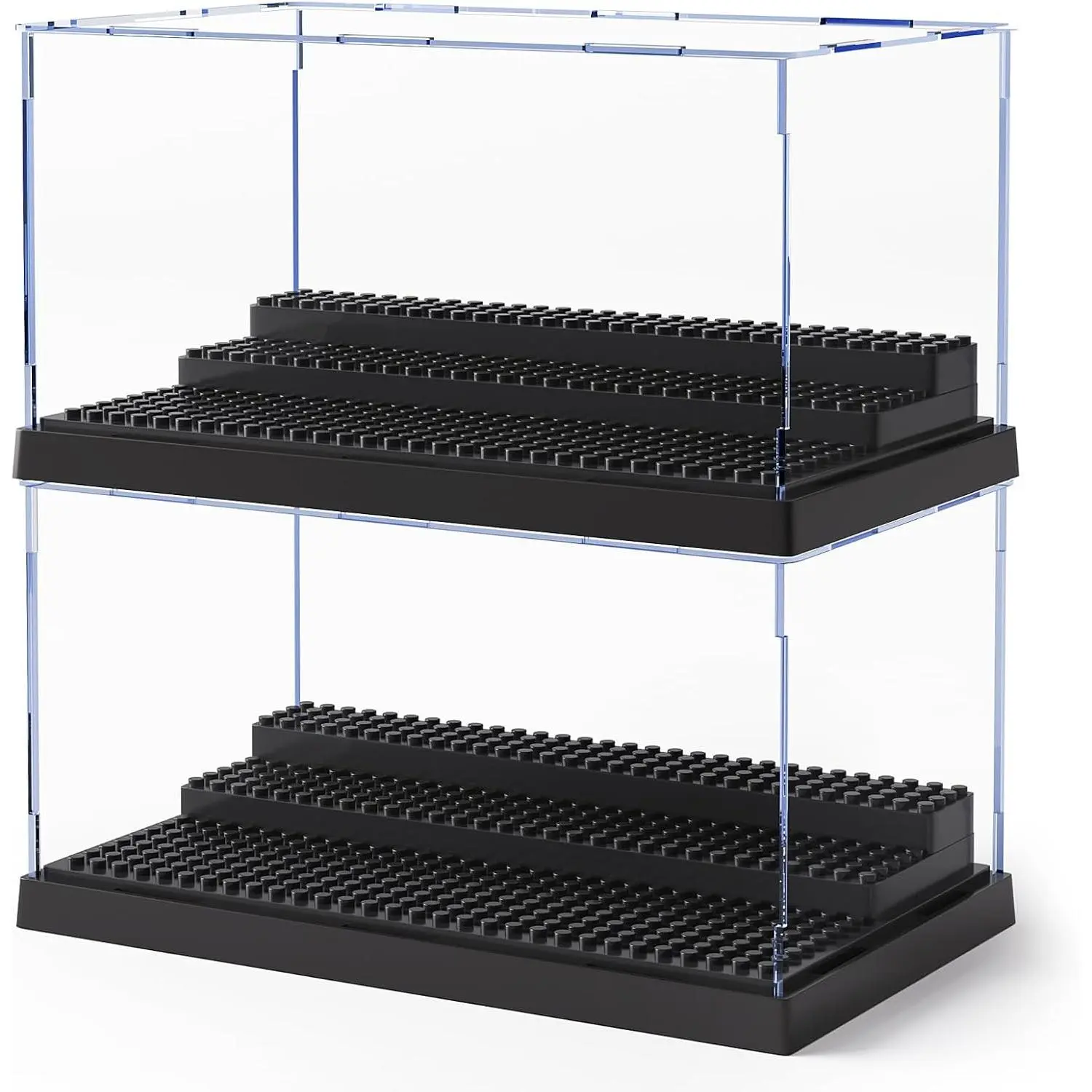 2 Pack Minifigure Display Case for Action Figures Blocks, Clear Dustproof Acrylic Display Box Storage with 3 Movable Steps, Great Gift for Children, Black