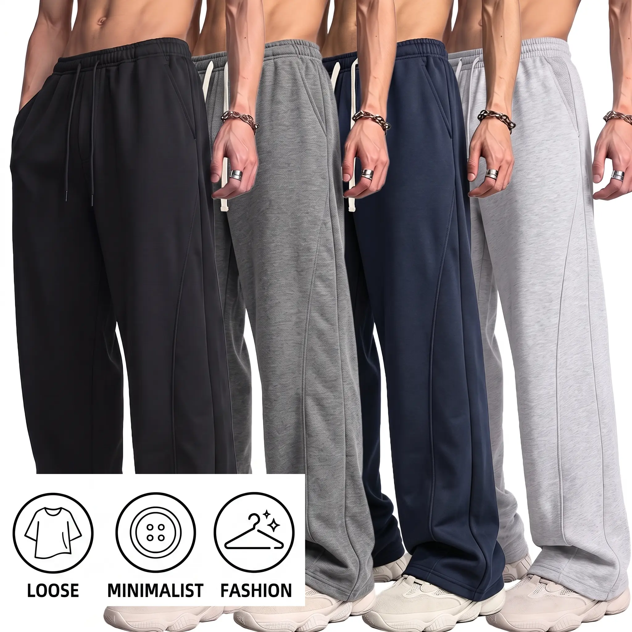4-Pack Men's sport pants, sweatpants, wide-leg jogging pants — workout wear, drawcord waist design, ultra-soft, breathable baggy pants suitable for running and fitness, baggy sweatpants, men's clothing, casual athletic jogging pants.