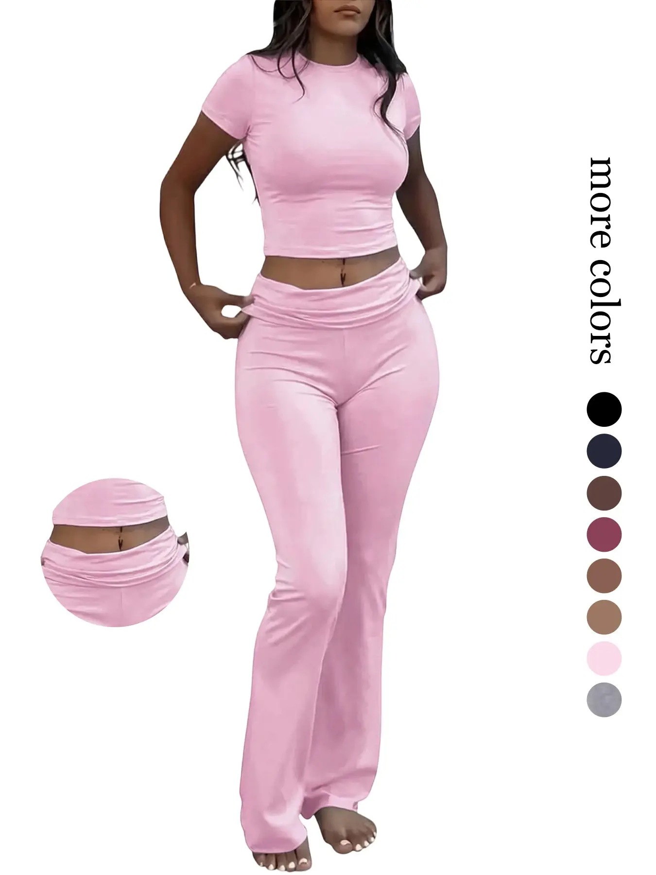 Women's Crew Neck Short Sleeve Slim Cropped Top & High Waist Flare Pants 2-Piece Matching pyjamas pajamas for women, Soft Stretch Casual Sleepwear Loungewear