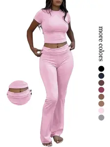 Women's Crew Neck Short Sleeve Slim Crop Top & High Waist Flare Pants 2-Piece pyjamas for women, Soft Stretch Casual Sleepwear Loungewear