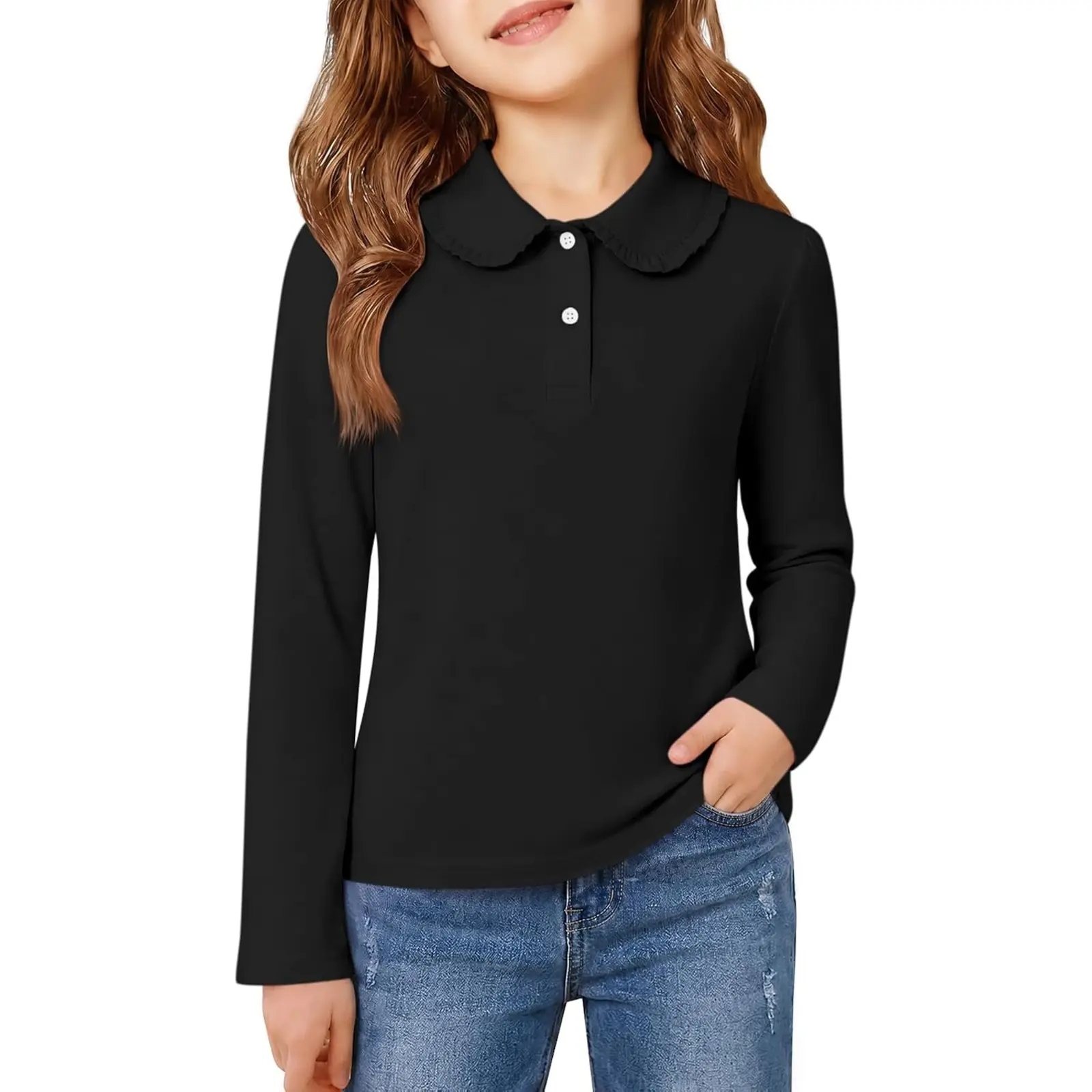 Haloumoning Girls Long Sleeve Polo Shirt Cute Ruffle Peter Pan Collar Tops | Kids Fall School Uniform Shirts, Performance Golf Shirts, 5-14 Years