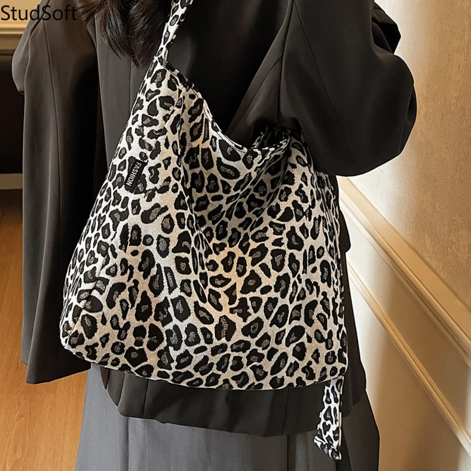 Leopard Tote Bag Canvas Shoulder Purse Large Capacity Hobo Crossbody Bag Vintage Cheetah Print Handbag for Women School Travel