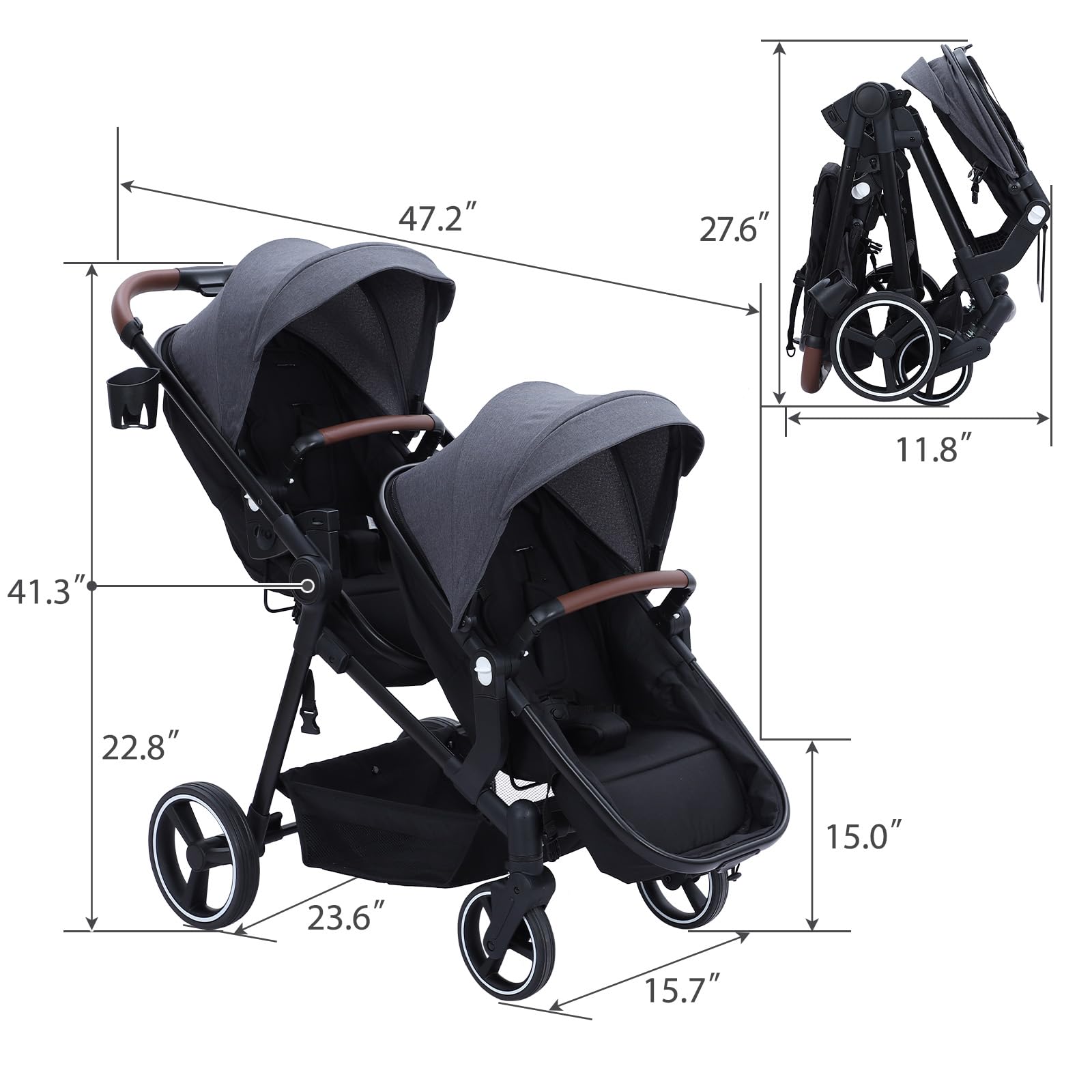 GARVEE Double Stroller Track Tandem for Infant and Toddler with Foldable, Reversible Design, Adjustable Backrest, Durable Aluminum Frame, 300D Fabric, Large Storage Basket, and Canopy in Light Gray