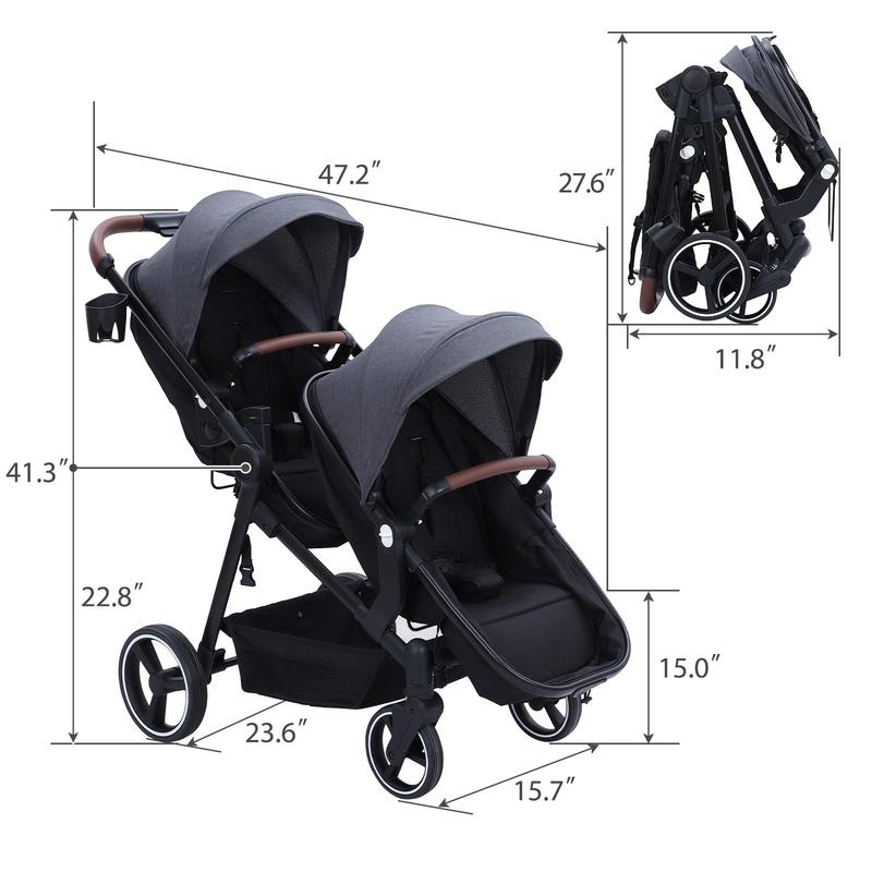 GARVEE Double Stroller Track Tandem for Infant and Toddler with Foldable, Reversible Design, Adjustable Backrest, Durable Aluminum Frame, 300D Fabric, Large Storage Basket, and Canopy in Light Gray