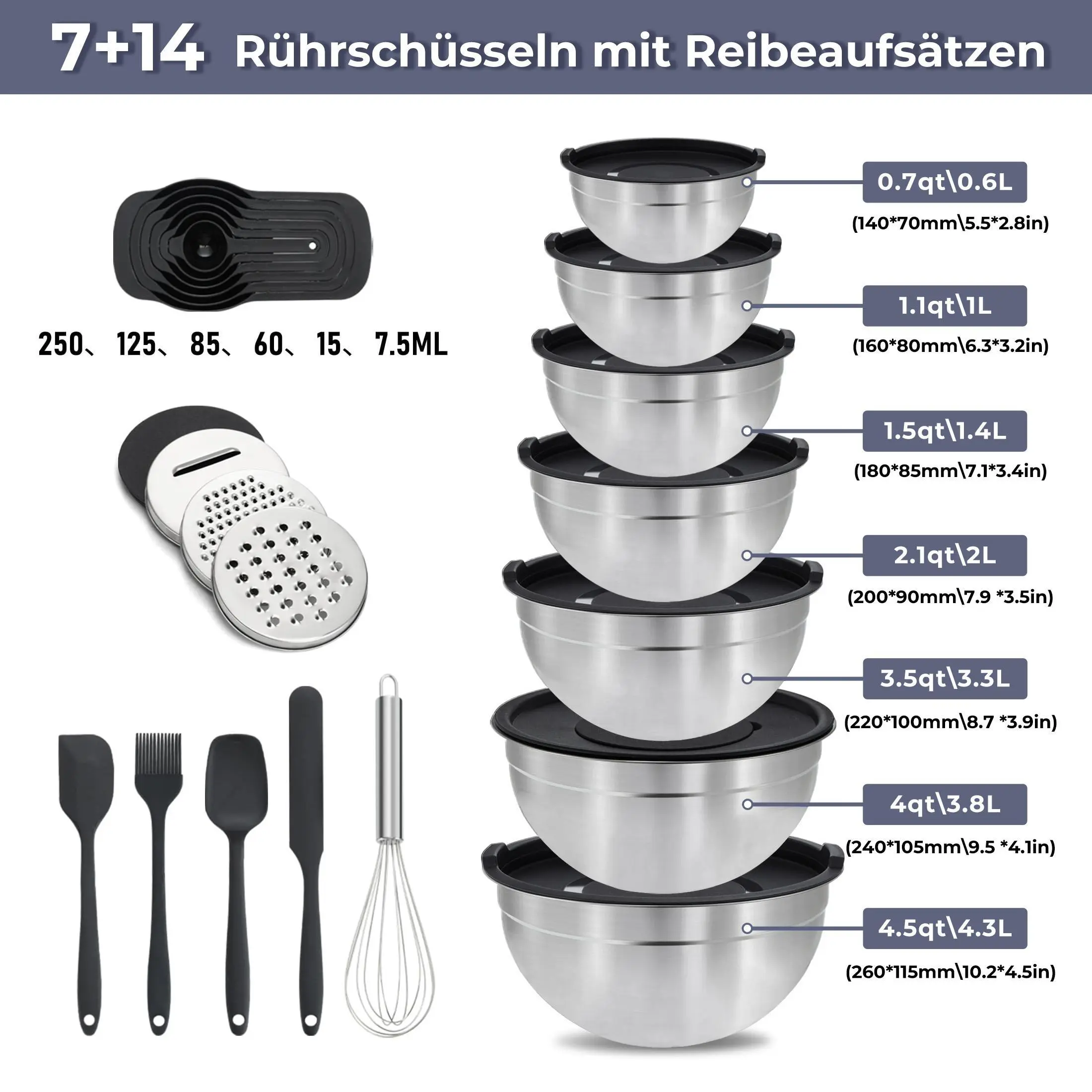 21piece mixing bowls set airtight lids 7stainless steel kitchen bowls 3grater attachments multifunctional nesting salad bowls food storage containers baking cooking marinating meal prep serving fruit vegetable washing kitchen gadgets household cookware ru