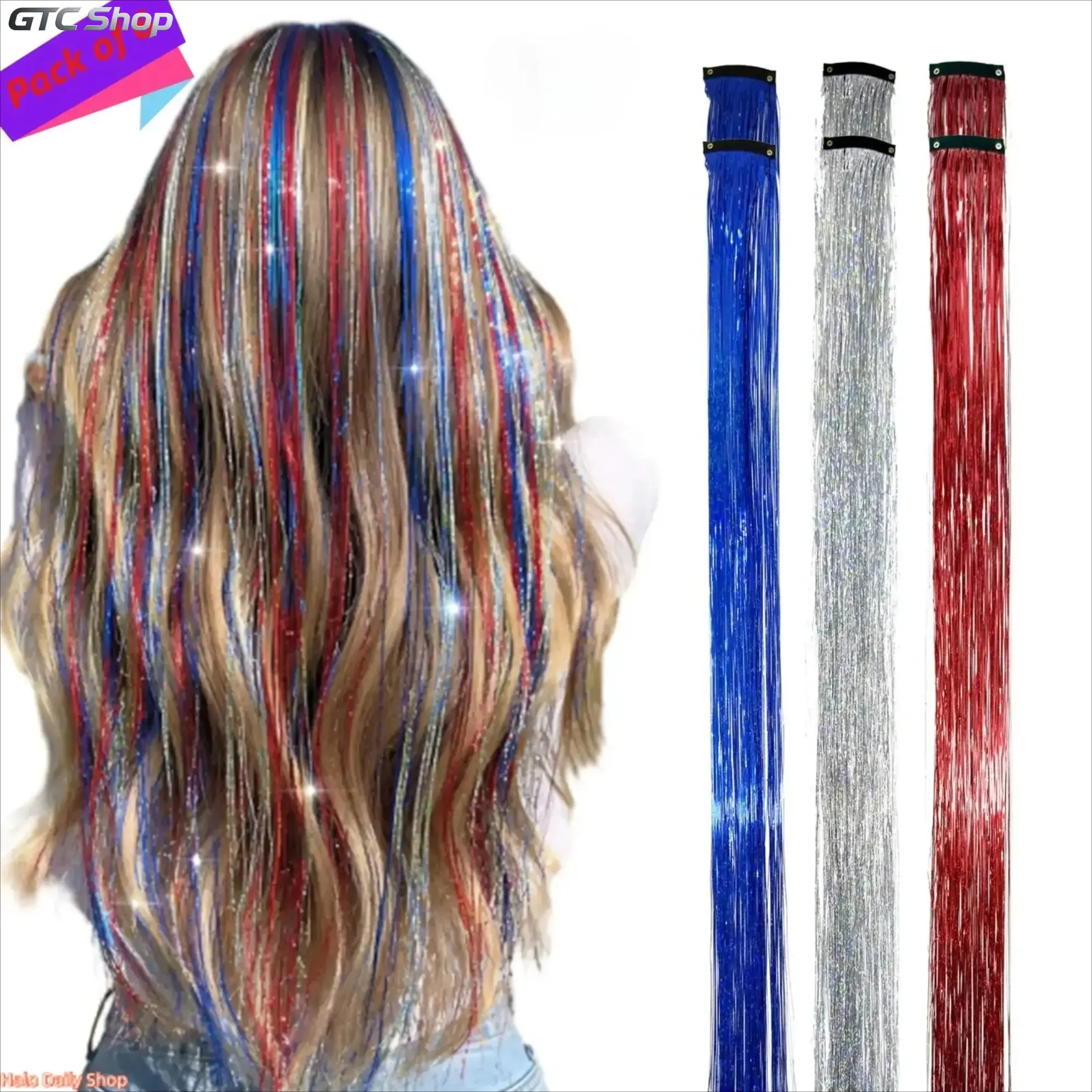Holographic glitter hair strands—easy clip-on sparkly hair accessories; fairy-style glitter hair set—gentle on hair, ultra-sparkly; glitter hair strands for parties and event days; clip-on glitter hair strands—instantly create a dazzling look.