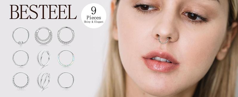 Besteel 9 Pcs Hypoallergenic Septum Rings 16G Surgical Steel CZ Opal Clicker Hinged Nose Rings Hoop for Women Men Lip Conch Tragus Helix Daith Cartilage Earrings 8mm 10mm Jewelry Band