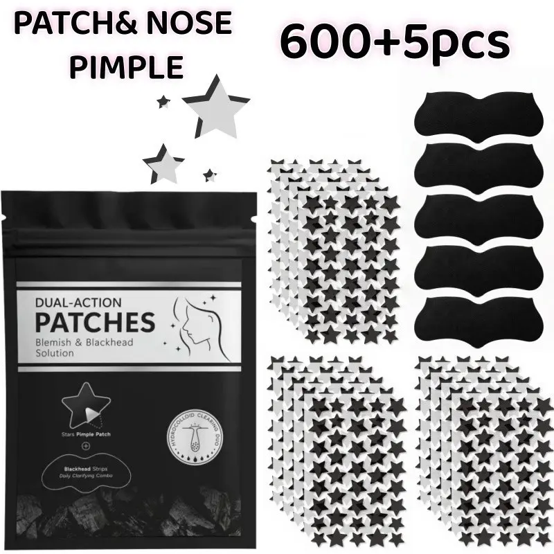 600+5Pcs Black and White Star Hydrocolloid Pimple Patches and Black Nose Strips, 2-in-1 Large Facial Blemish Cover Set for Halloween Parties, Music Festivals and Photo Styling