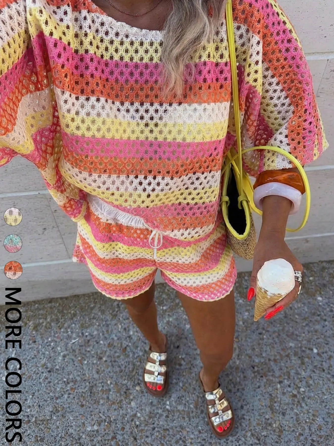Women's Knitted Round Neck Top and Shorts Set, Casual Bohemian Style Striped Beach, Loose-Fit Holiday Suit, Elegant Summer Vacation Wear, Lightweight
