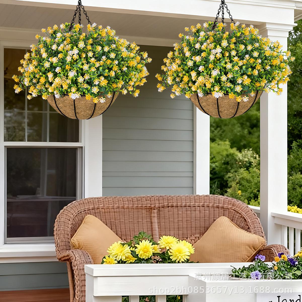 Artificial eucalyptus, camellia, and coconut palm flower baskets, hanging baskets, artificial flowers for home, garden, outdoor, and festive decorations