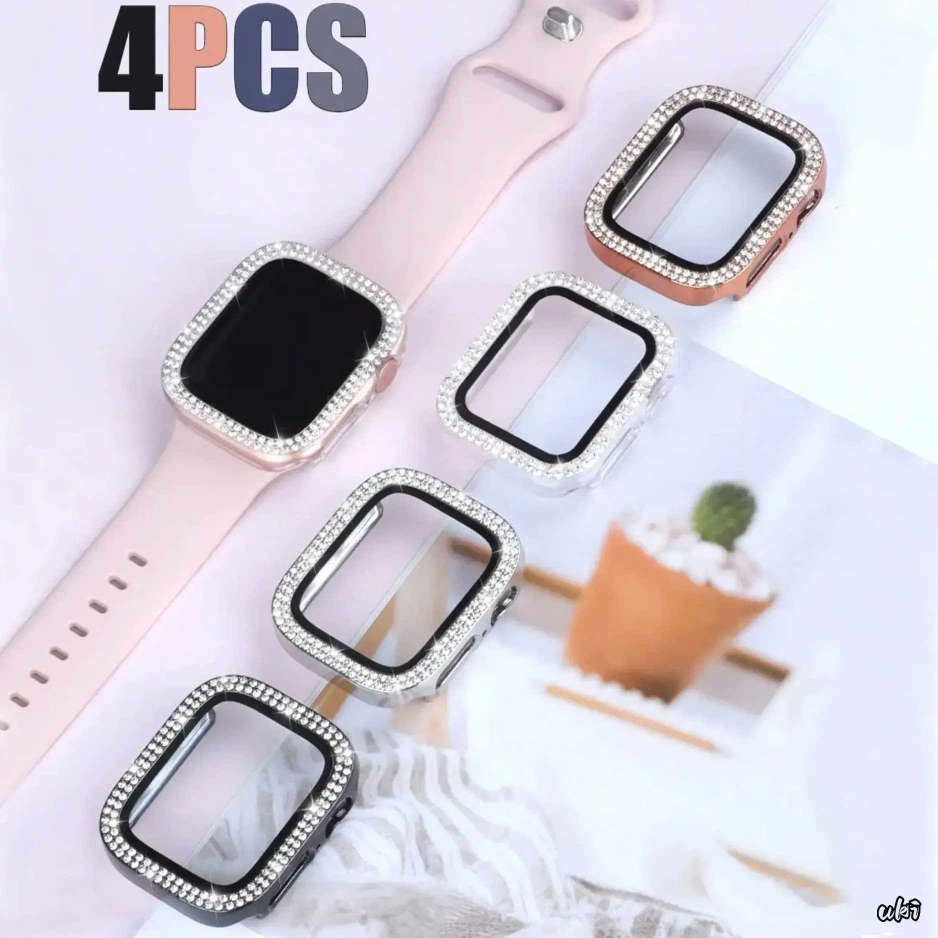 4 PCS-Women’s Dual Row Rhinestone Sparkle Hard PC Case with Tempered Glass Screen Protector For Apple Watch 40–46mm, Shockproof Anti-Scratch Full Cover Watch Bumper, Glamorous Accessory Perfect For Spring & Summer Daily Wear