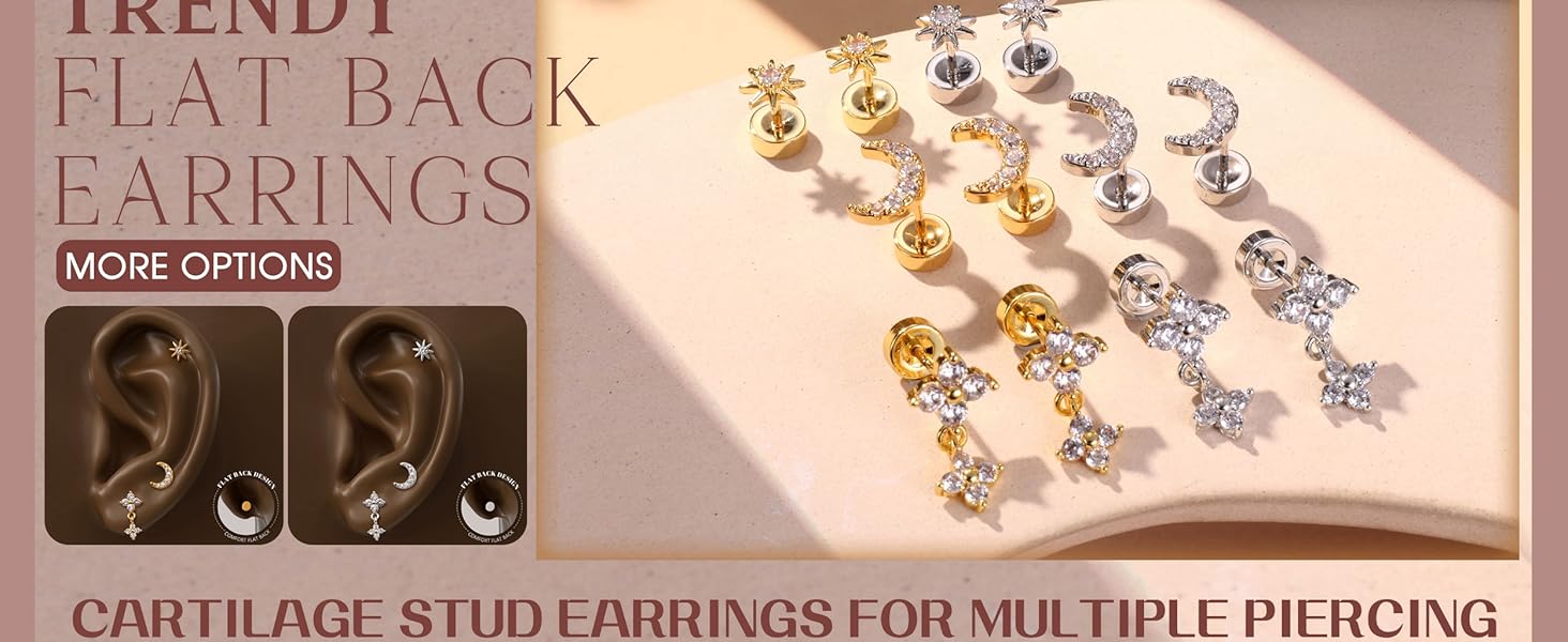 ZELORES  1Pair Gold Plated Flat Back Earrings for Women Silver Post Stud Earrings for Multiple Piercing Small Dainty Helix Tragus Cartilage Stud Trendy Flat back Stud Earrings