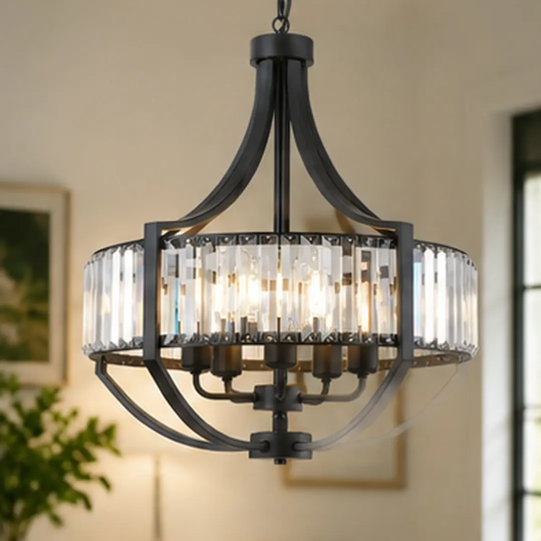 20-Inch ARCH Contemporary Modern Farmhouse Crystal Chandelier - 5-Lights Black Metal Dimmable Indoor Pendant Lamp, 120v per Socket Incandescent Ceiling Mount Light for Dining Room, Entryway