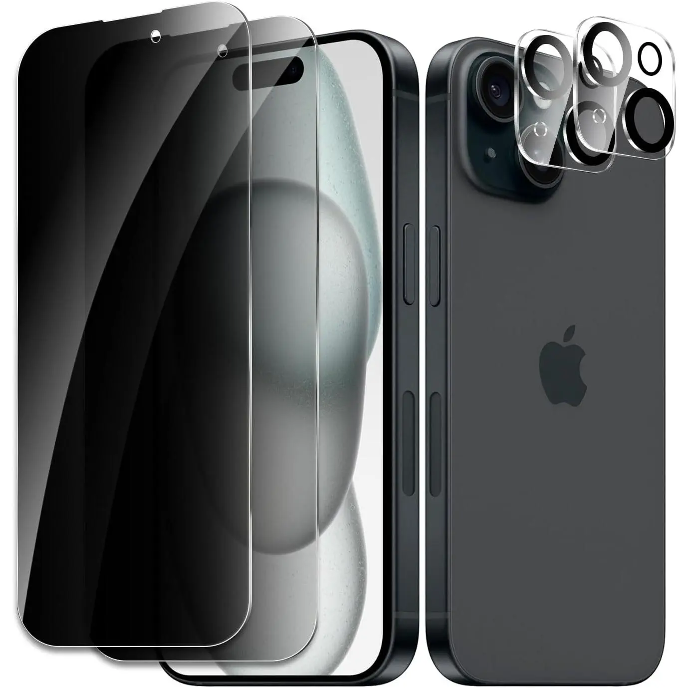 [2+2 Pack] iPhone 15 Tempered Glass Screen Protector & Camera Lens Protector Accessories, Anti-Spy, 9H Hardness, Bubble-Free, Anti-Glare, Shatterproof, Case-Friendly, Hydrophobic Coating for Enhanced Protection