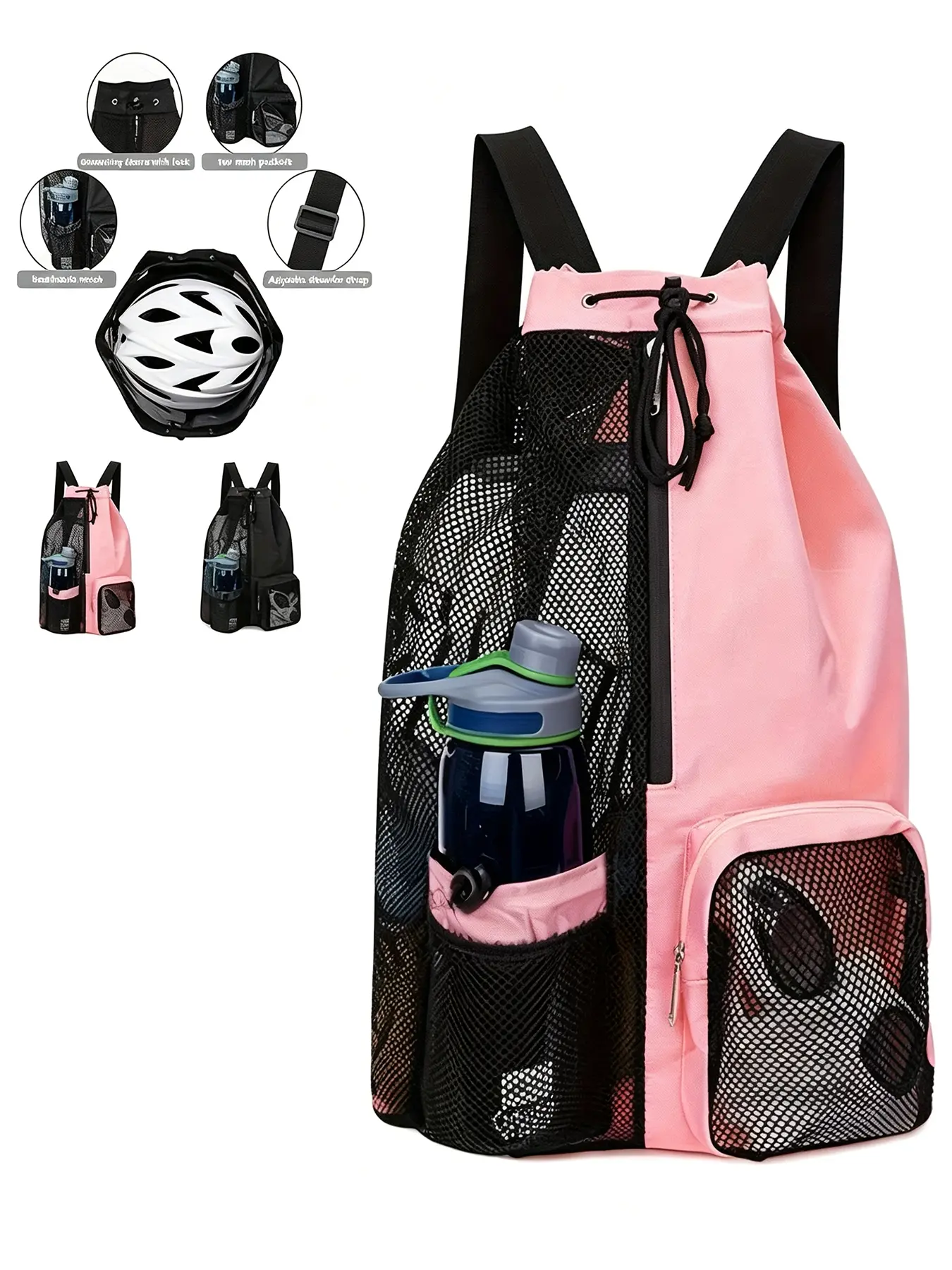 Breathable Mesh Drawstring Backpack, Swim Gym Sack Bag, Large Capacity Helmet Storage Bag with Lock Drawstring Closure Dual Mesh Water Bottle Pockets & Adjustable Shoulder Straps for Swimming Surfing Cycling Beach Trip