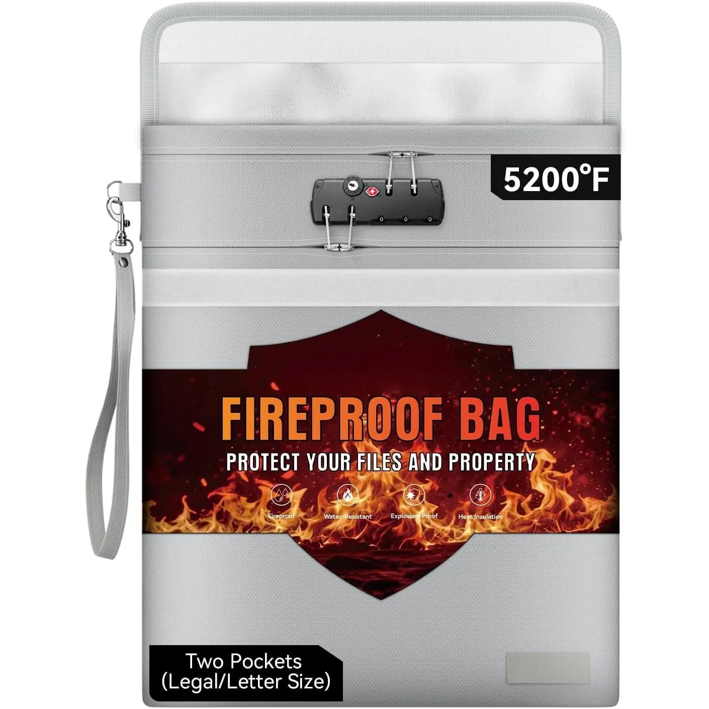 Fireproof Document Bag with Lock (15"x12"), for Legal Letter Files