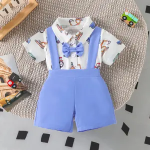 Toddler Boy Gentleman Outfit Digger Print Short Sleeves Romper with Bow Tie and Overalls Shorts Set for Formal Wear