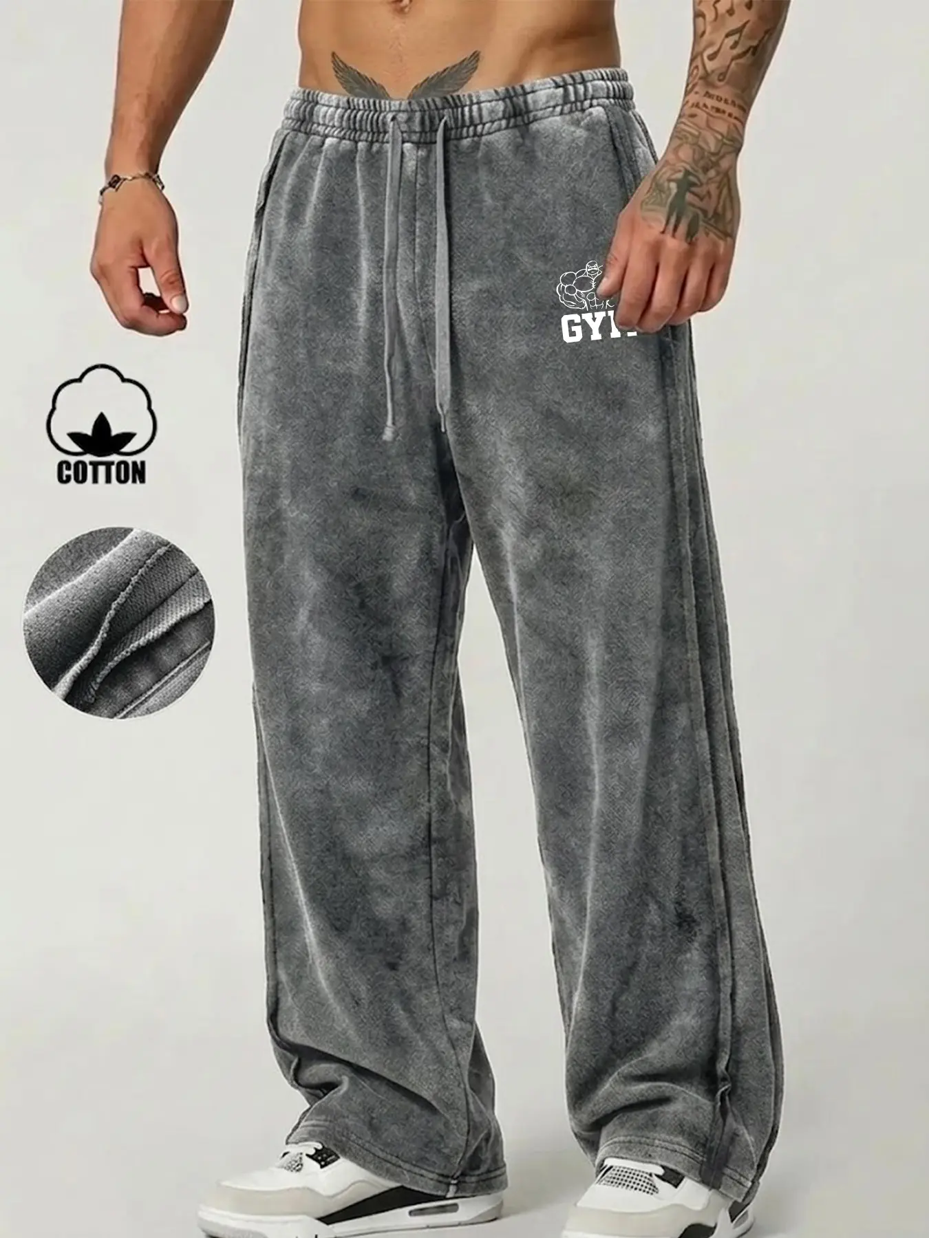 Men's Cotton Wide Leg Fitness Pants, Vintage Gyi Print Loose Straight Sport Casual Long Pants, Soft Cotton Drawstring Streetwear