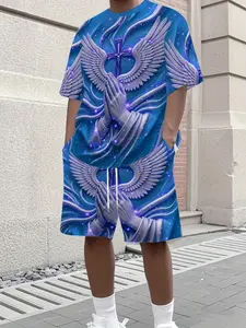 New Religious Prayer Hand Angel Wings Cross Print Men's Round Neck 3D High Definition Short Sleeve Set, Summer Casual Outdoor Fashion
