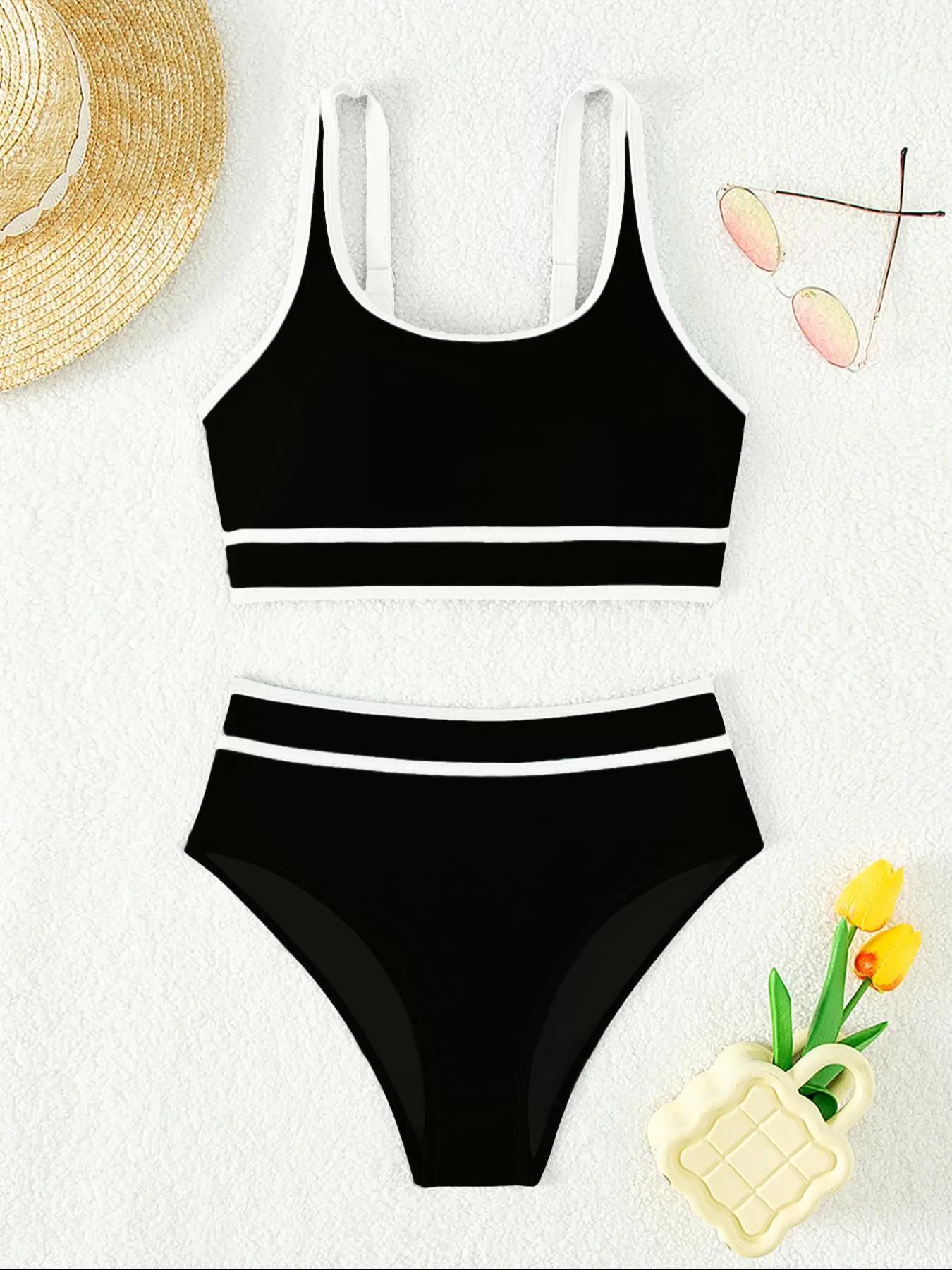 Women's Contrast Binding Bikinis Set, Casual Comfy Scoop Neck Swim Bra & High Waist Swim Panty Two Counts Swimsuit for Summer, Fashion Women's Swimwear for Beach Swimming