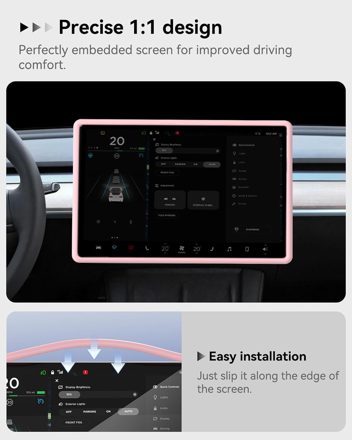 Center Console Wireless Charger Mat,Screen and Rearview Mirror Protector Frame,Anti-Slip Silicone Protector for Tesla 2021-2023 Model 3 and 2021-2025 Model Y Accessories(3 PCS Pink)