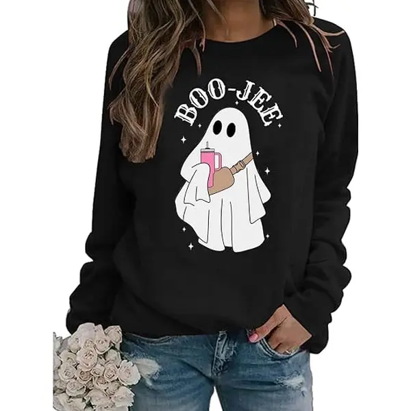 Halloween Ghost Sweatshirt Women Shirt Spooky Ghost Sweater Casual Fall Long Sleeve Crewneck Pullover Tops