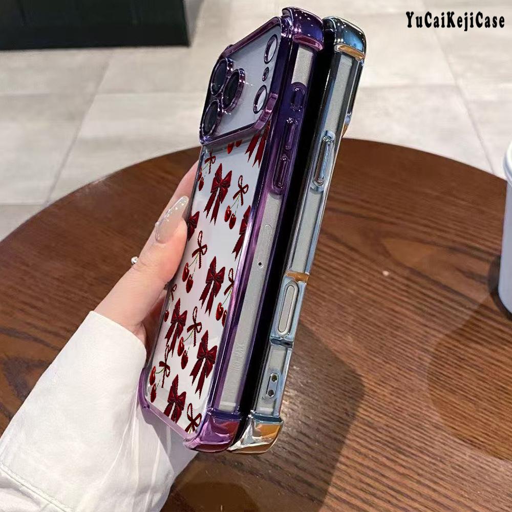 Compatible with Phone Case iPhone 17 Pro Max 16 15 Plus Air 14 13 12 11 E Cherry Bows Pattern Transparent Full Coverage Four Corners Anti-drop Casing