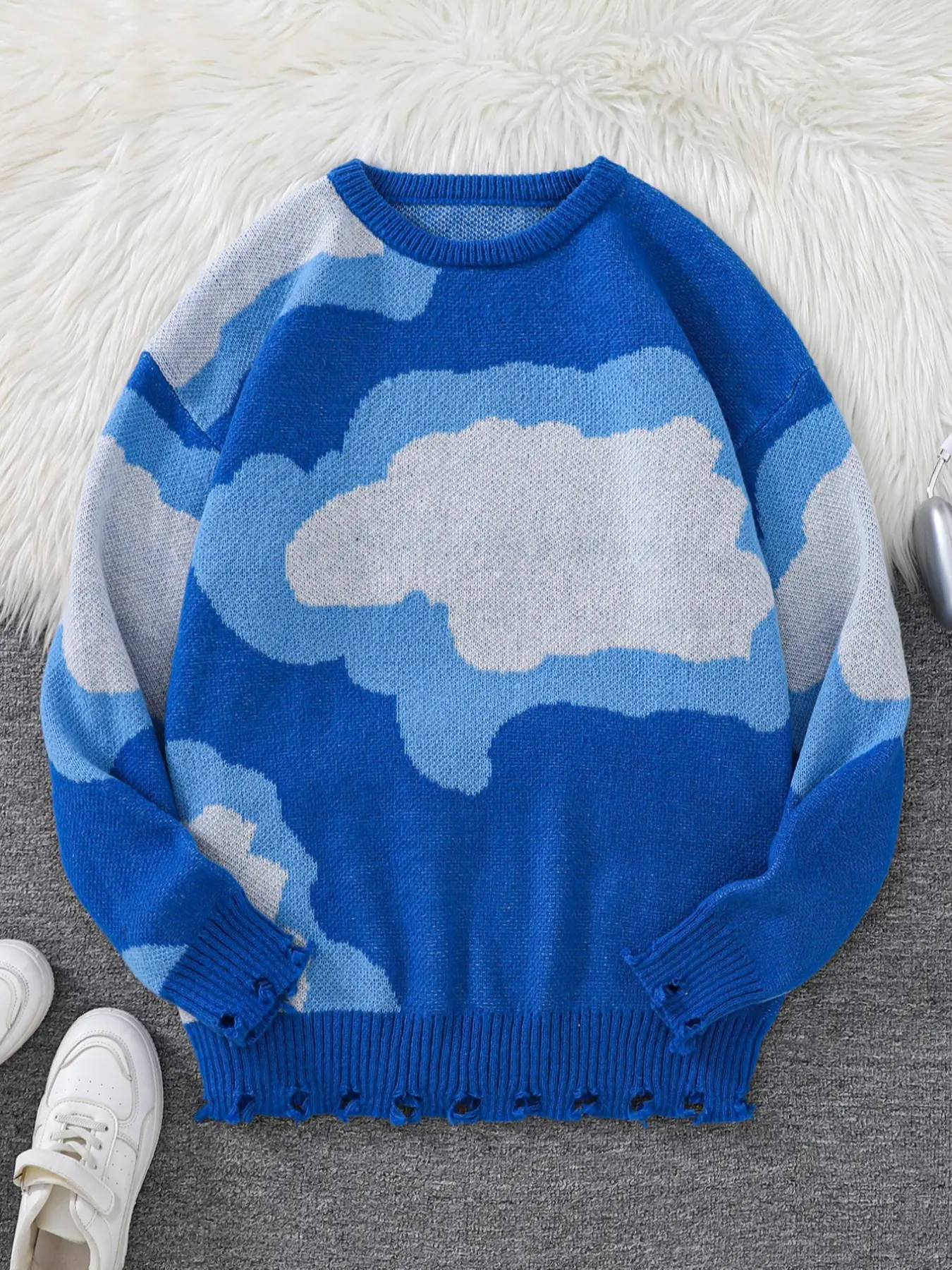 New Trendy Fall Winter Cloud Jacquard Knit Sweater, Casual Round Neck Fitted Pullover for Men, Fashion Street Style Design